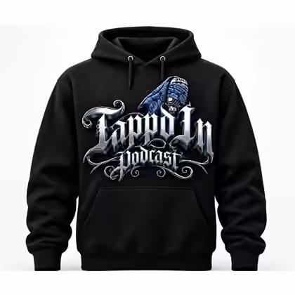 Black Tappd In Podcast hoodie with blue bandana chrome logo