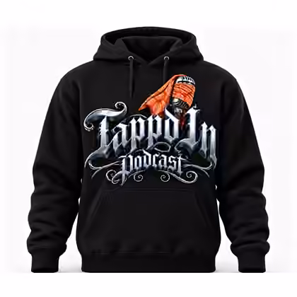 Black Tappd In Podcast hoodie with orange bandana chrome logo