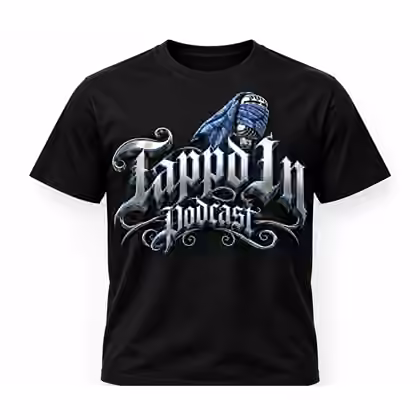 Black Tappd In Podcast T-shirt with blue bandana chrome logo