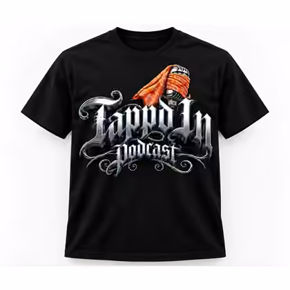 Black Tappd In Podcast T-shirt with orange bandana chrome logo