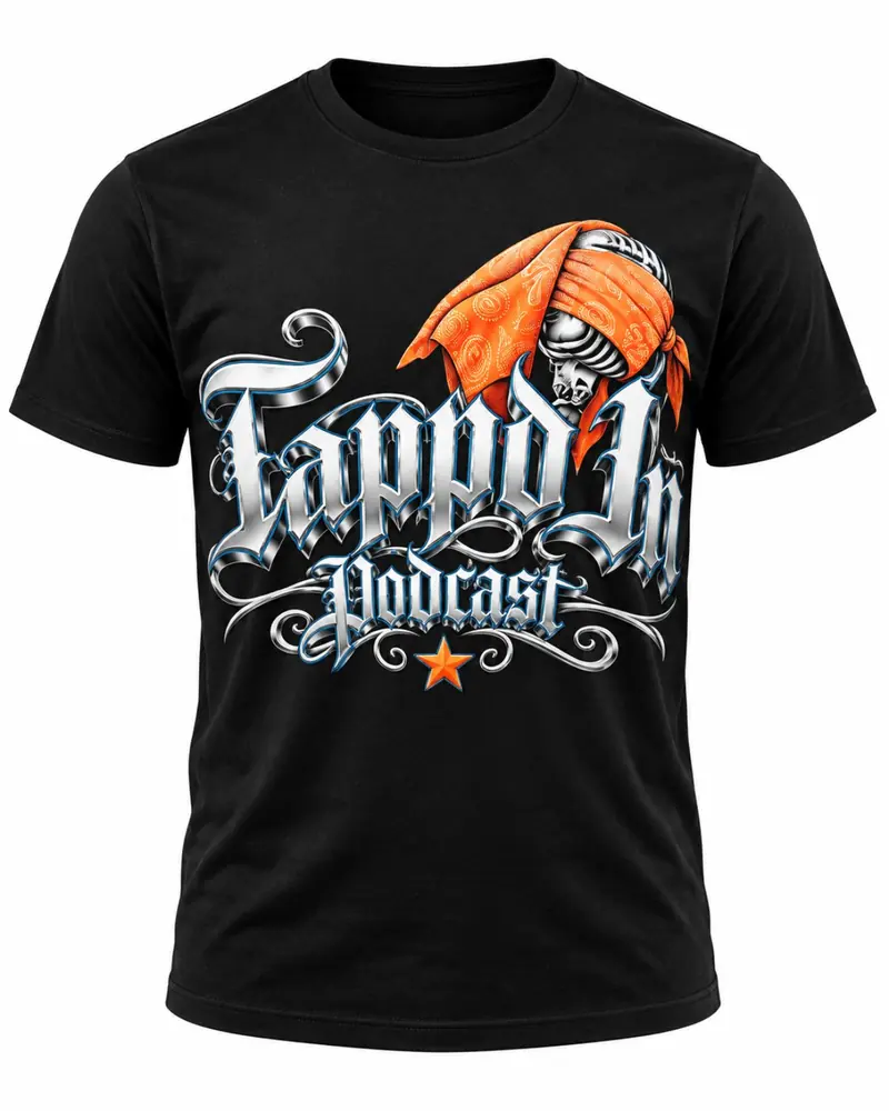 Black Tappd In Podcast T-shirt with chrome lettering and orange bandana artwork